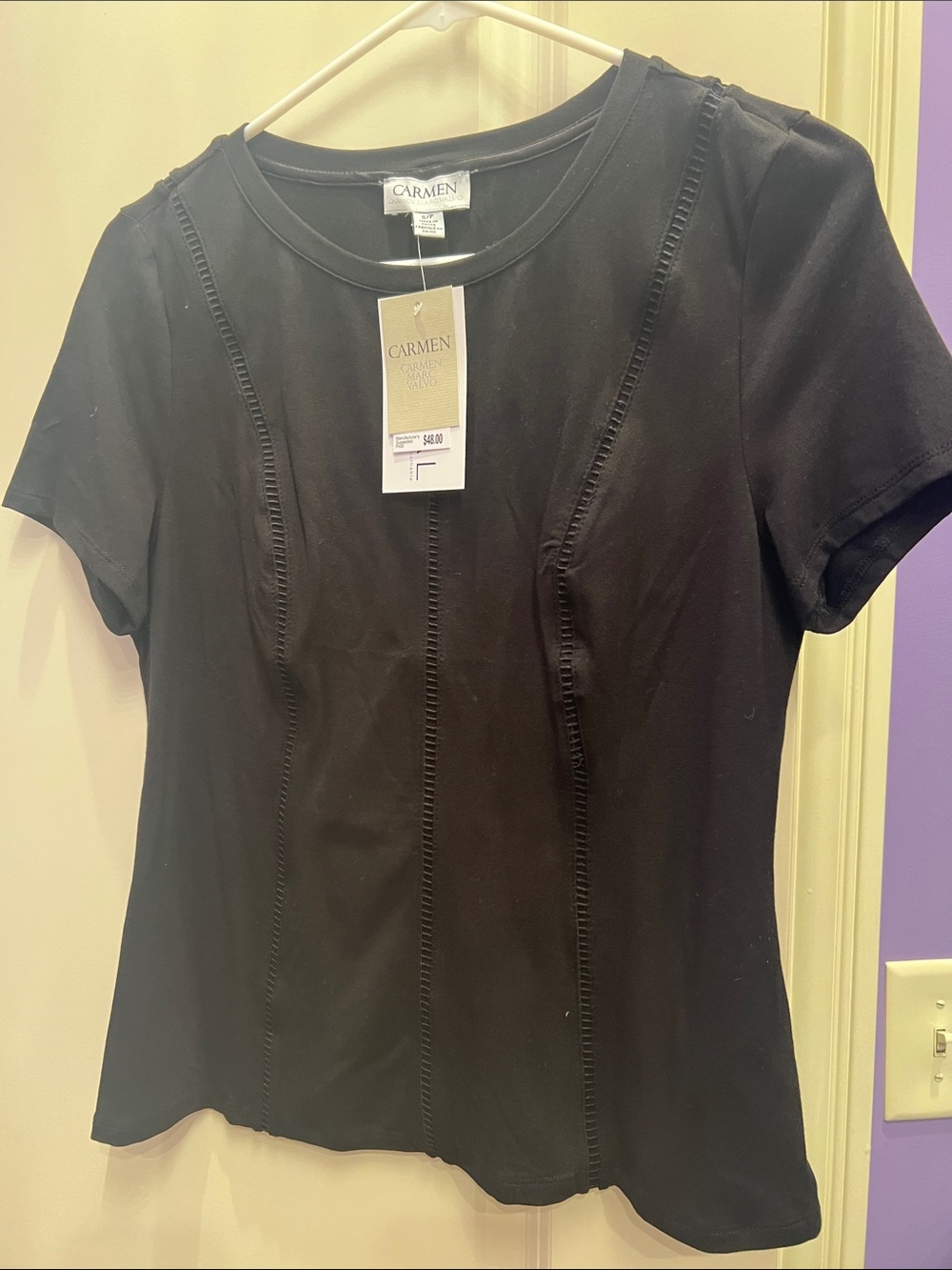 Carmen Marc Valvo Black Short-Sleeve Top with Ladder Stitch Panels